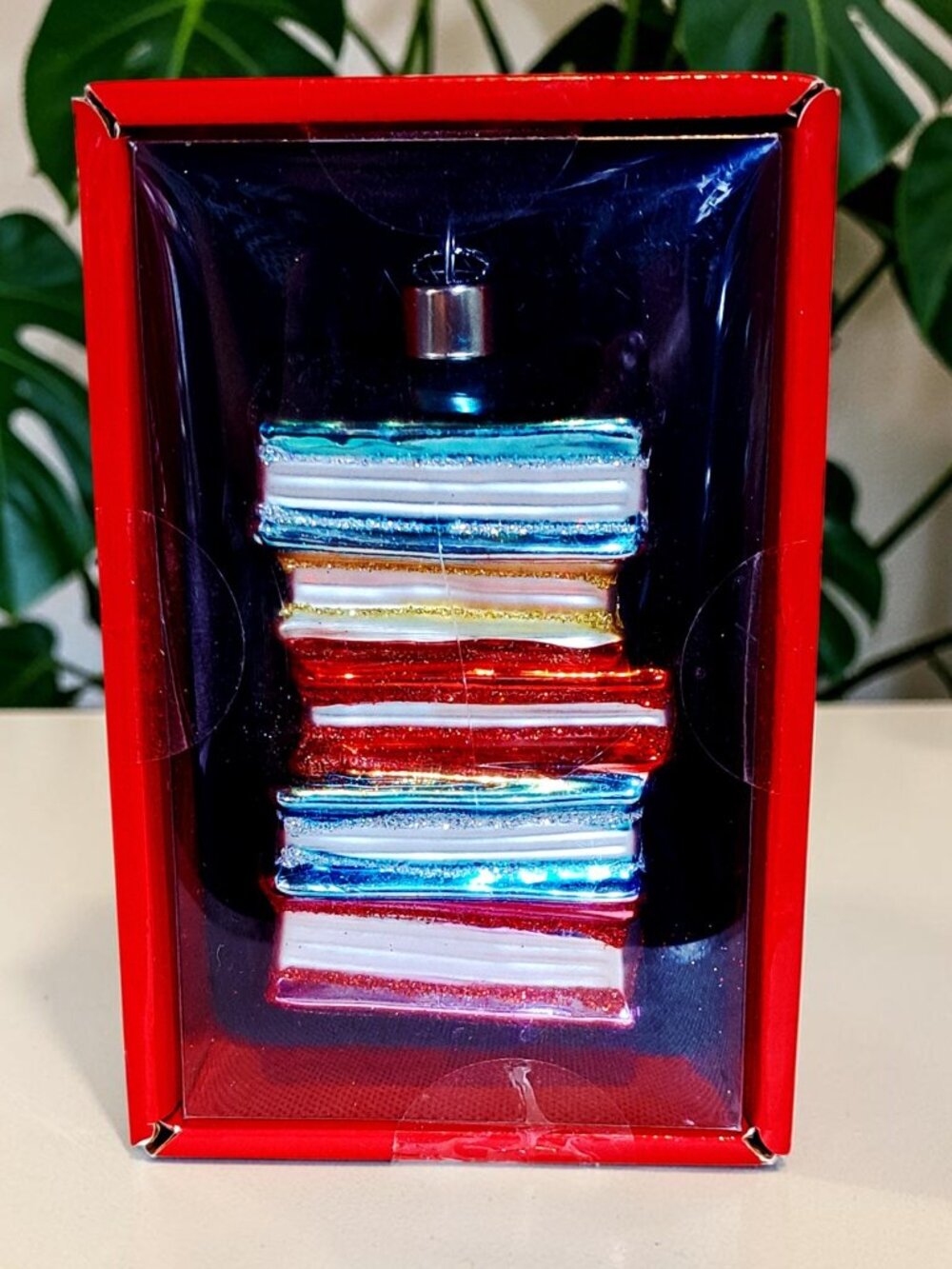 holly & moss blown glass stack of books Christmas Ornament 4.5"T 2"L